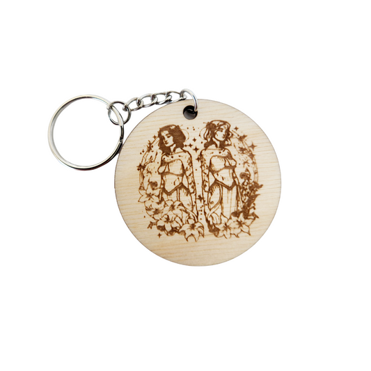 Keychain Charm Zodiac Gemini Wood Engraved