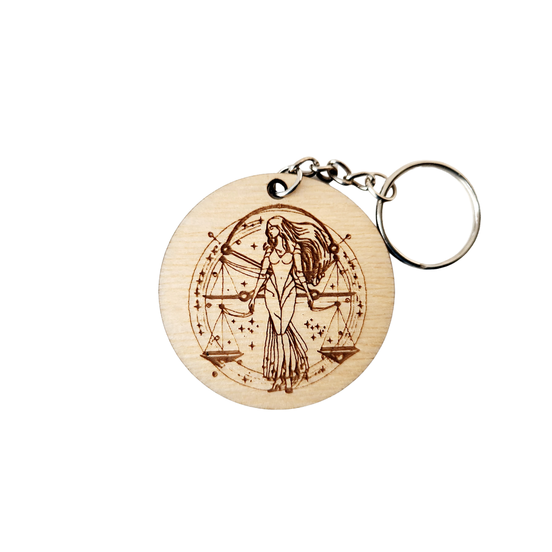 Keychain Charm Zodiac Libra Wood Engraved