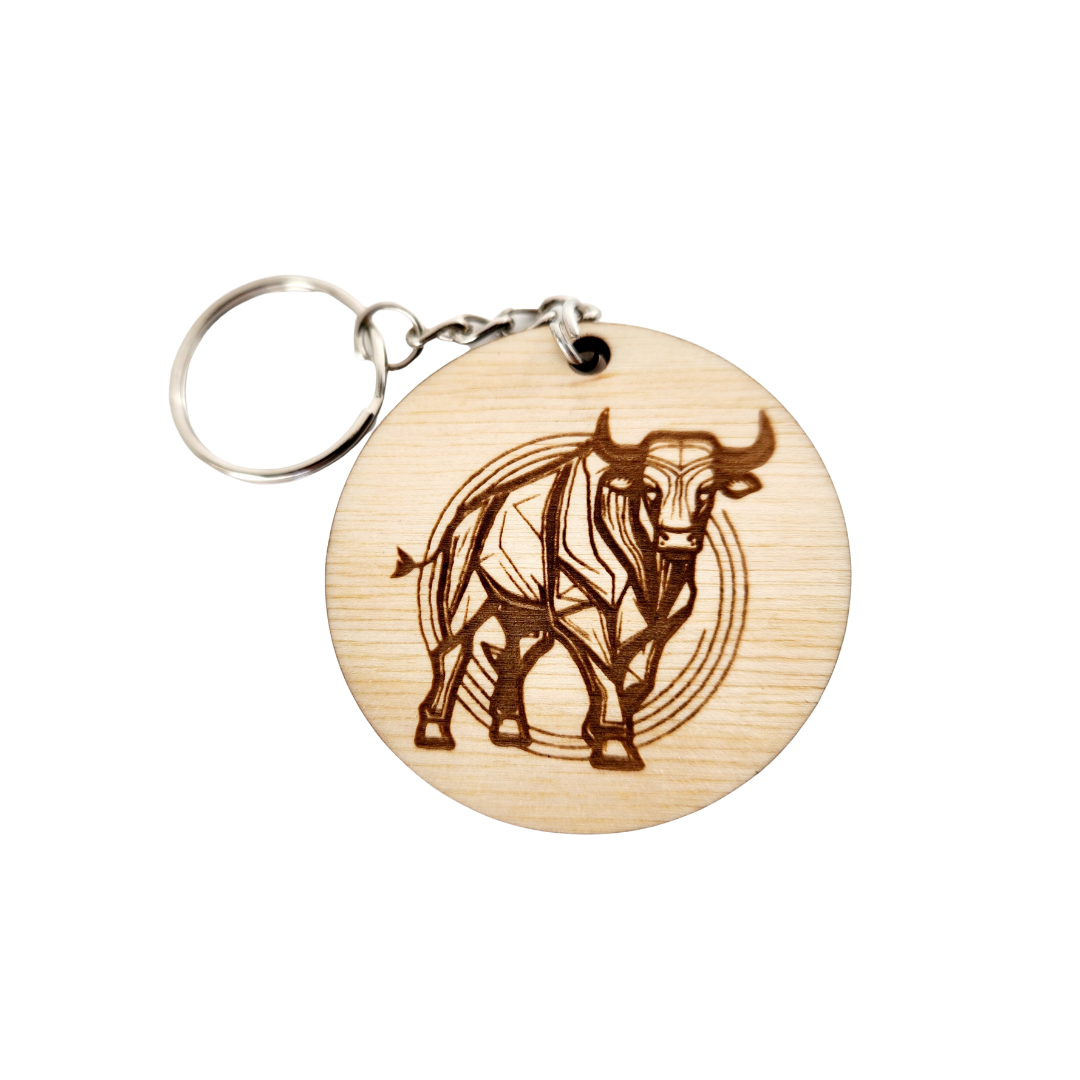 Keychain Charm Zodiac Taurus Wood Engraved