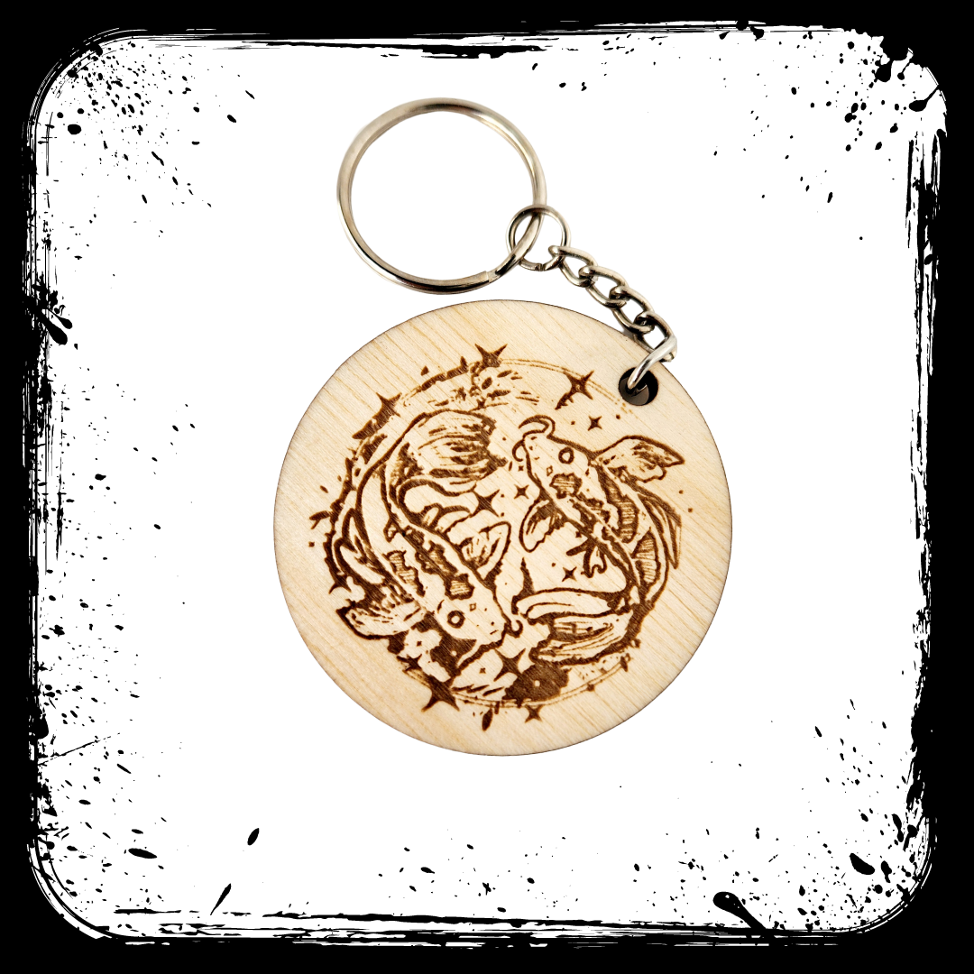 Keychain Charm Zodiac Pisces Wood Engraved