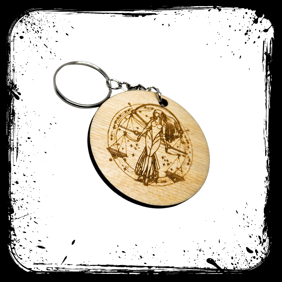 Keychain Charm Zodiac Libra Wood Engraved