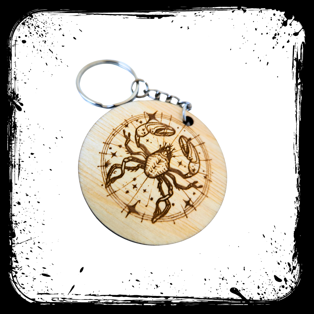 Keychain Charm Zodiac Cancer Wood Engraved