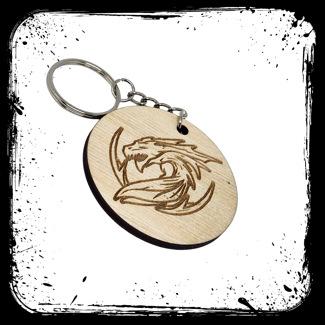 Keychain Charm Wyvern Head Wood Engraved