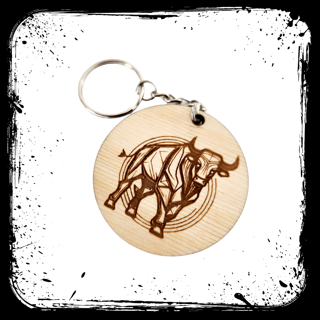 Keychain Charm Zodiac Taurus Wood Engraved