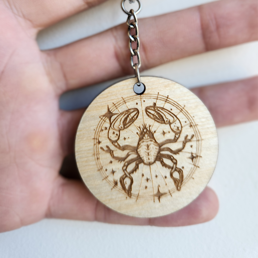 Keychain Charm Zodiac Cancer Wood Engraved