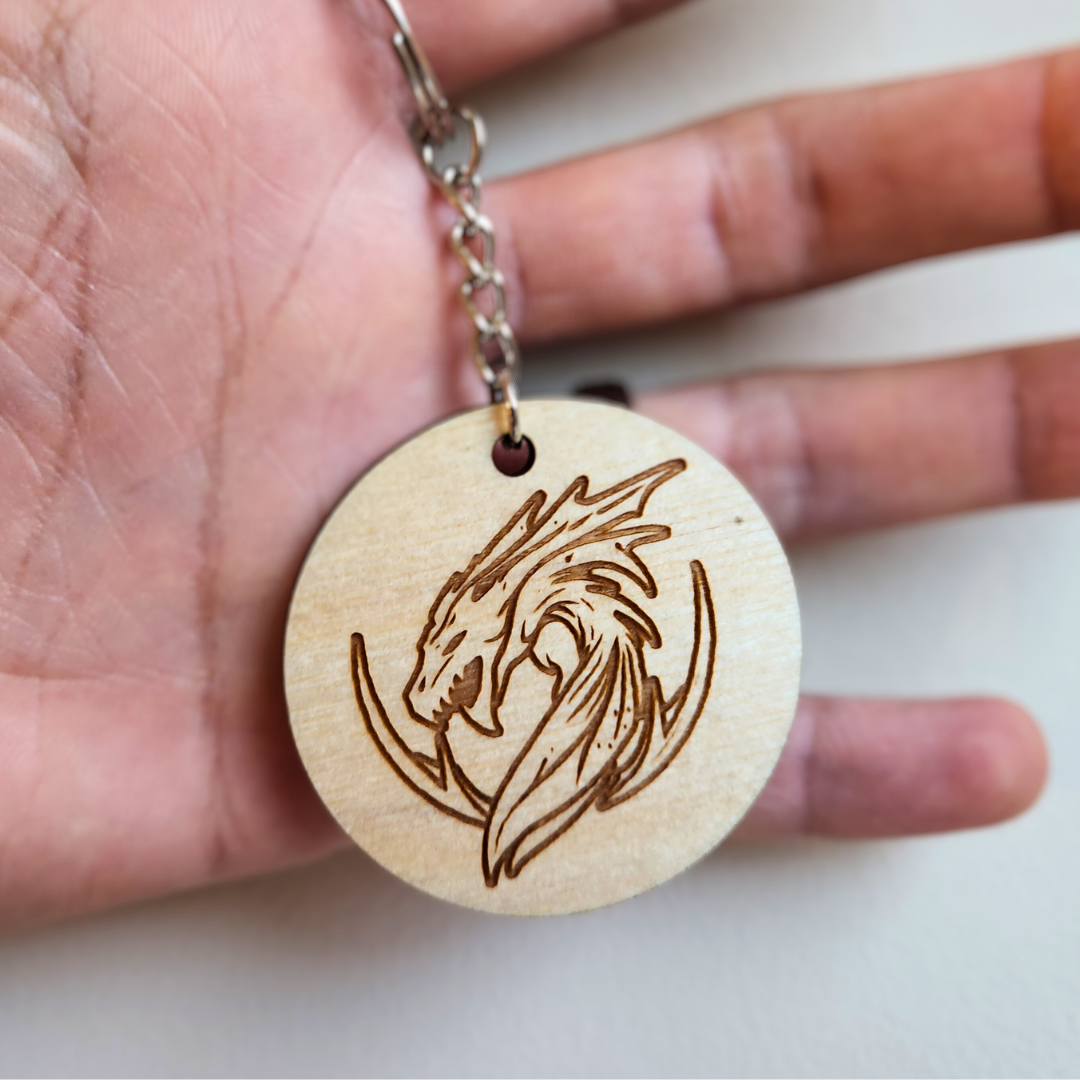 Keychain Charm Wyvern Head Wood Engraved