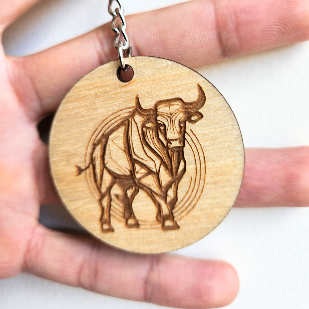 Keychain Charm Zodiac Taurus Wood Engraved