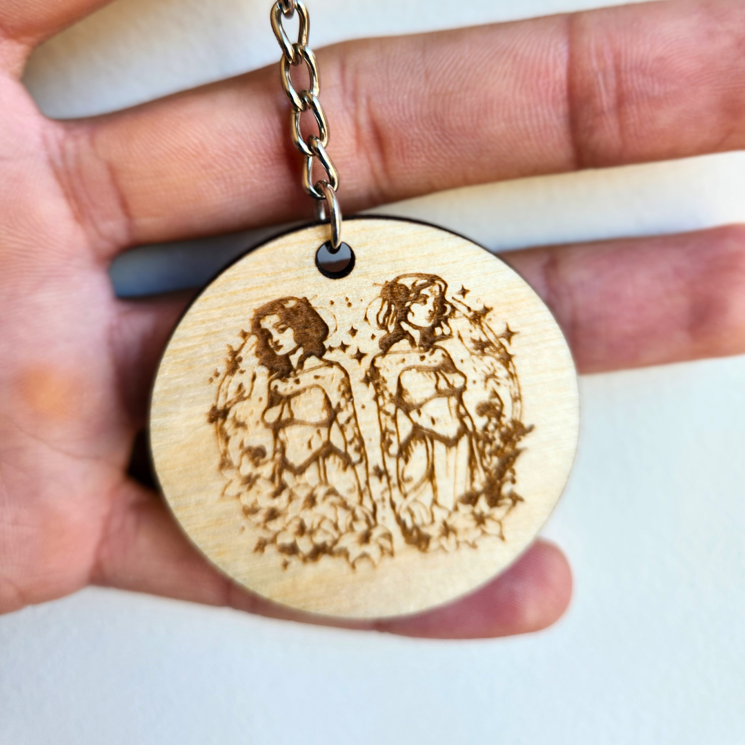 Keychain Charm Zodiac Gemini Wood Engraved