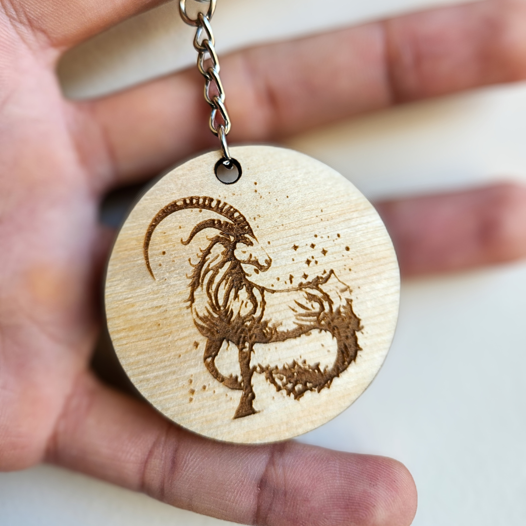 Keychain Charm Zodiac Capricorn Wood Engraved