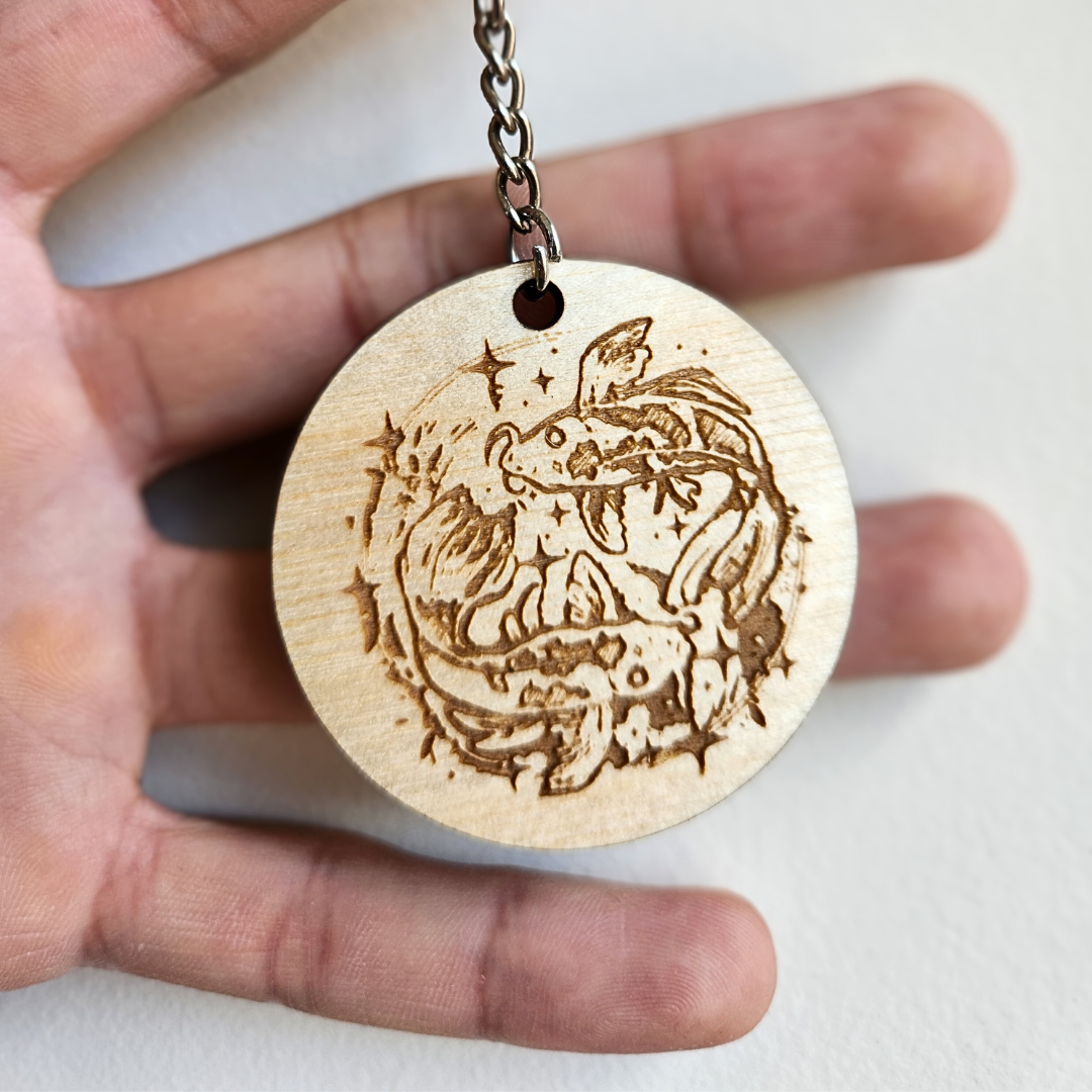 Keychain Charm Zodiac Pisces Wood Engraved