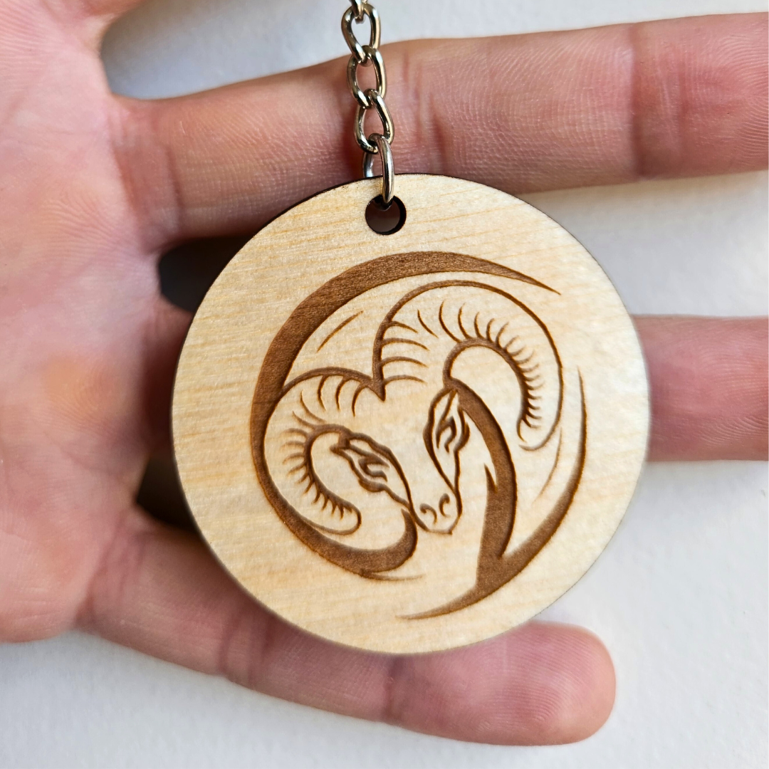 Keychain Charm Zodiac Aries Wood Engraved