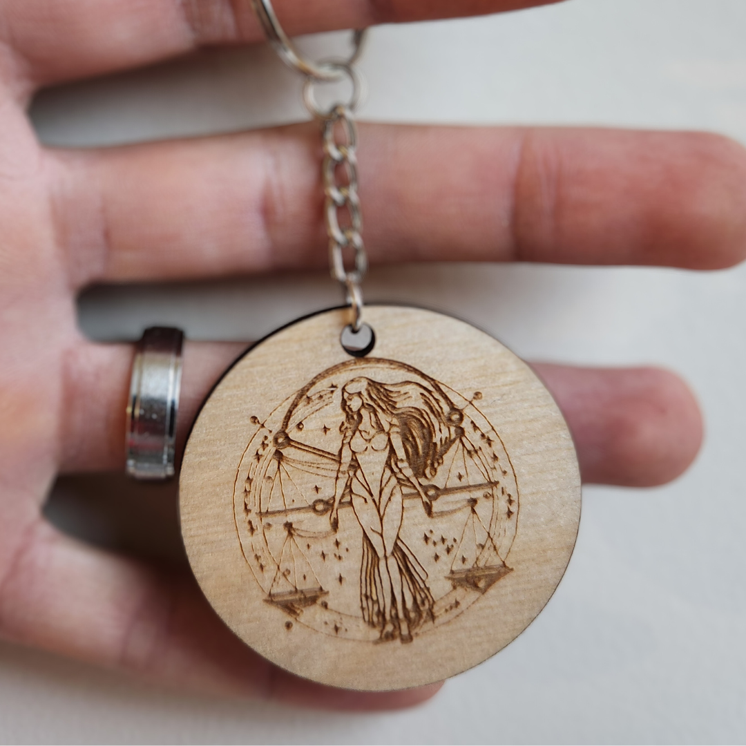 Keychain Charm Zodiac Libra Wood Engraved