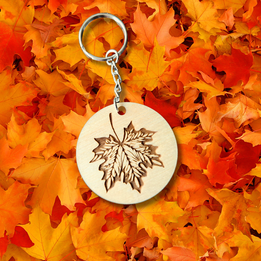 NEW! Keychain Wood Engraved Maple Leaf Version II