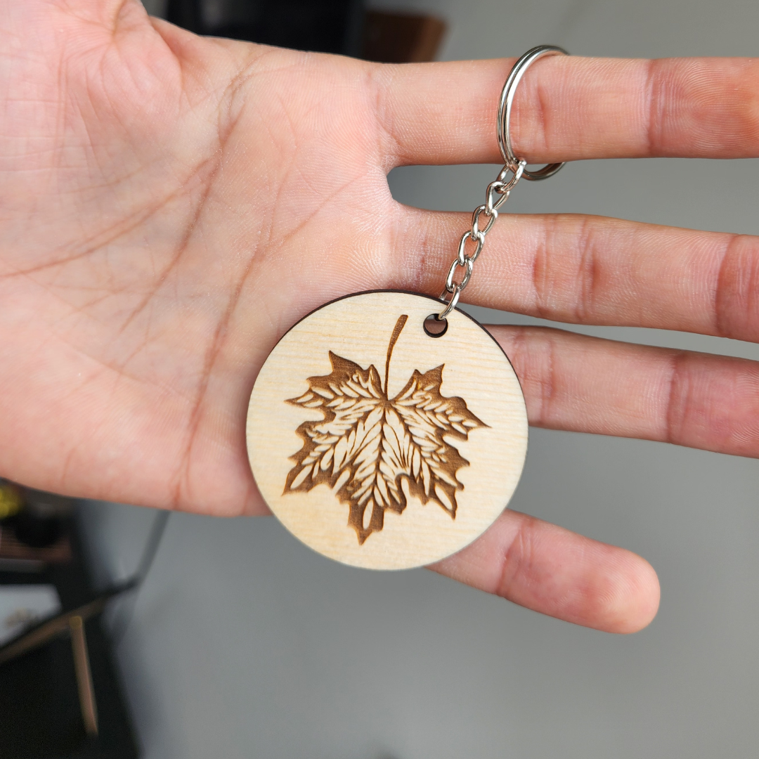 NEW! Keychain Wood Engraved Maple Leaf Version II