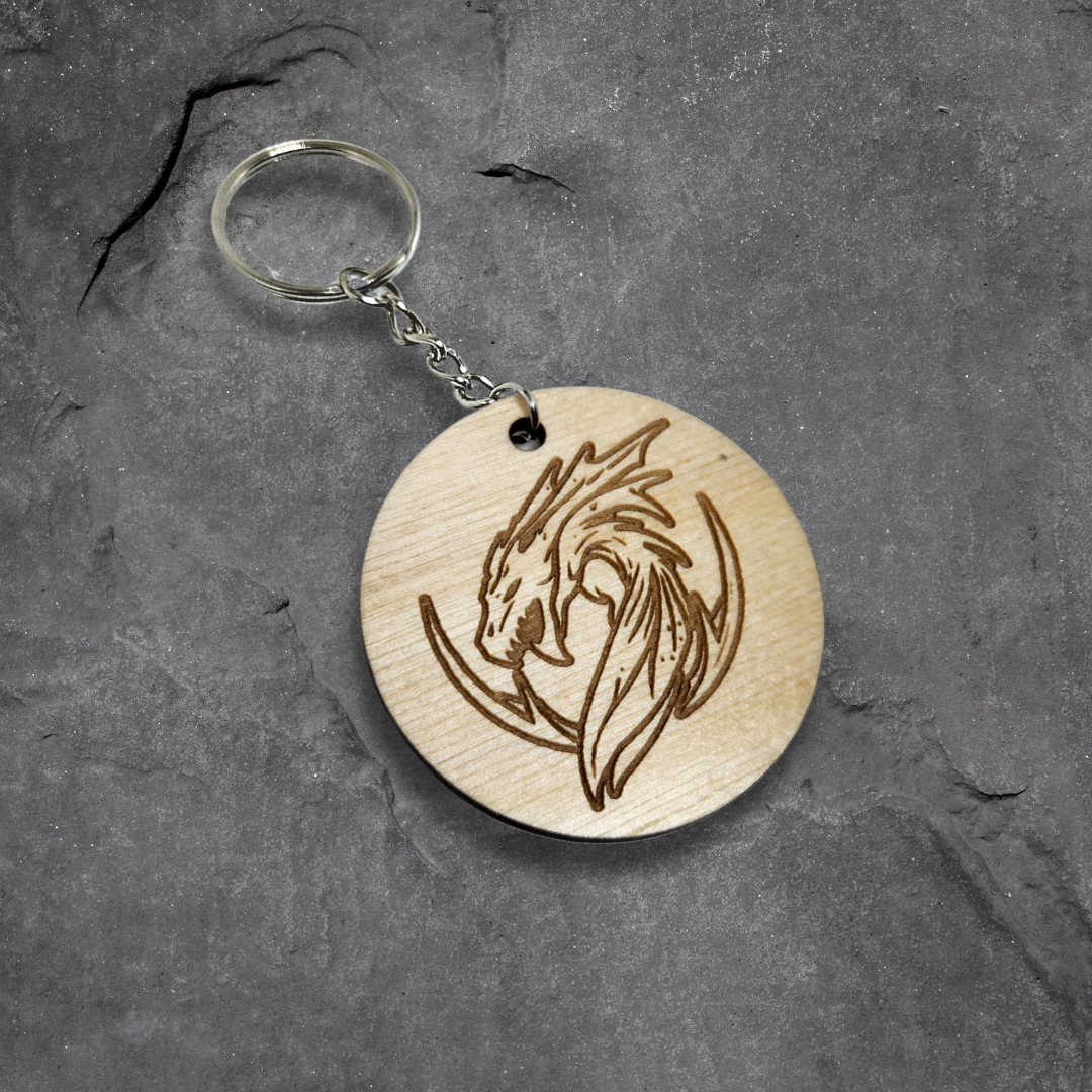 Keychain Charm Wyvern Head Wood Engraved