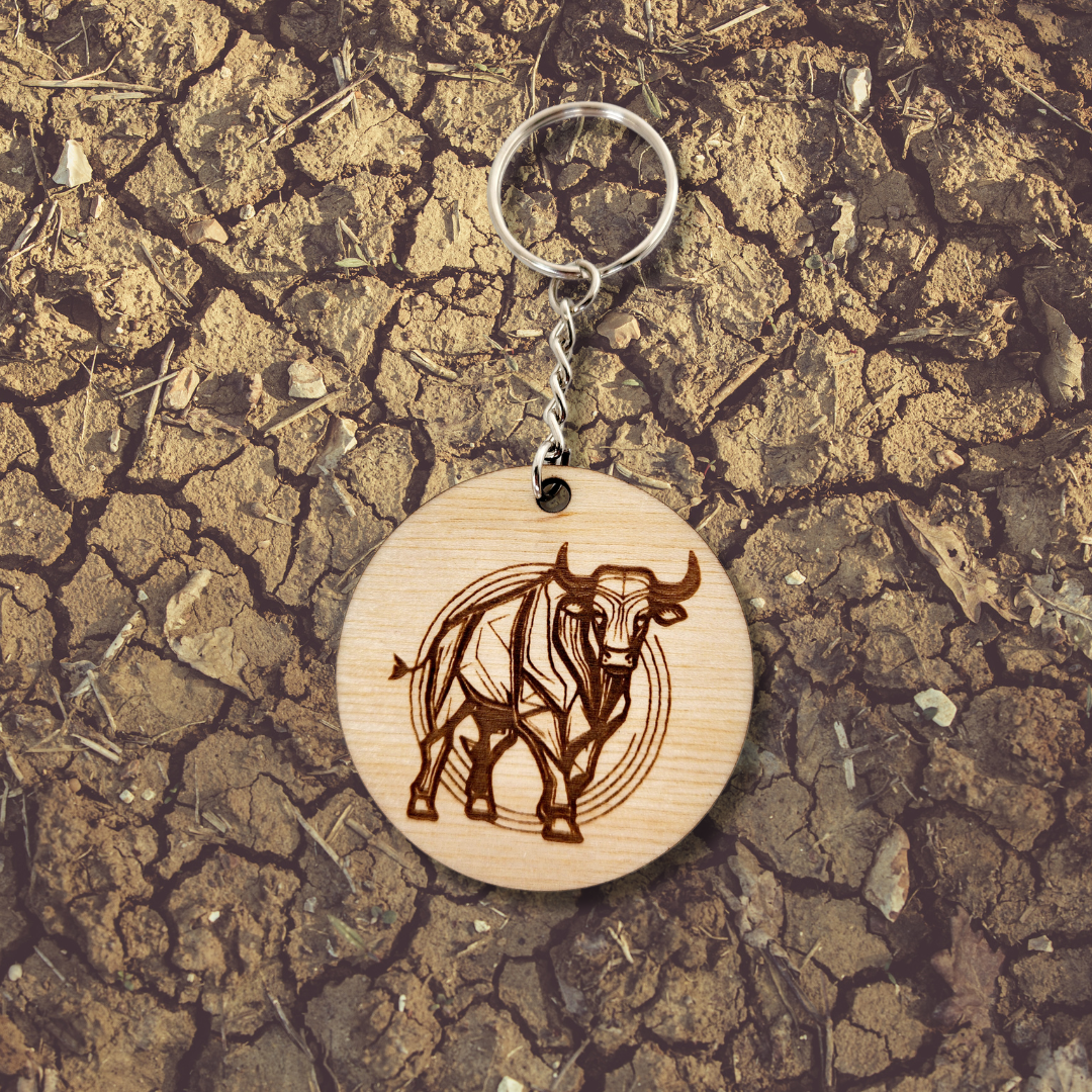 Keychain Charm Zodiac Taurus Wood Engraved