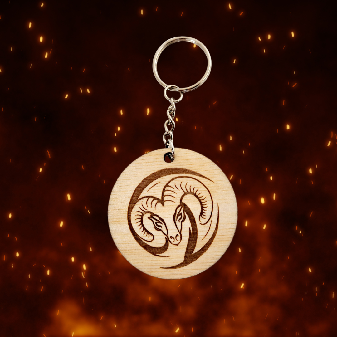 Keychain Charm Zodiac Aries Wood Engraved