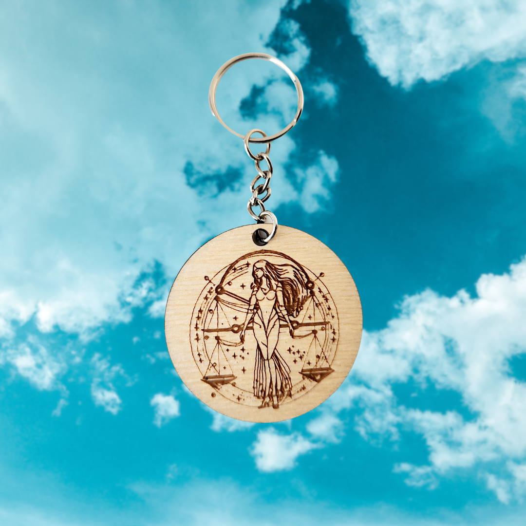 Keychain Charm Zodiac Libra Wood Engraved