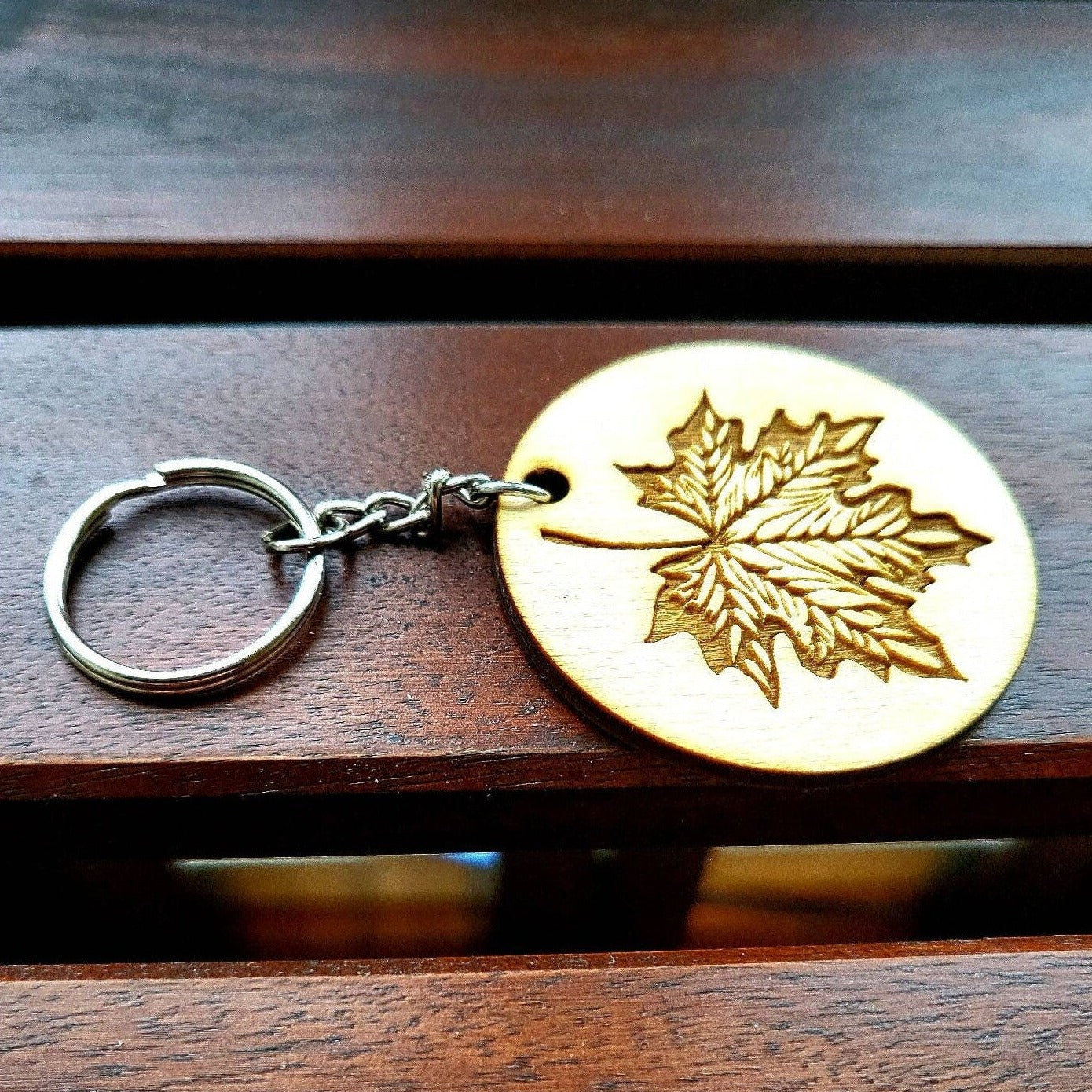 NEW! Keychain Wood Engraved Maple Leaf Version II